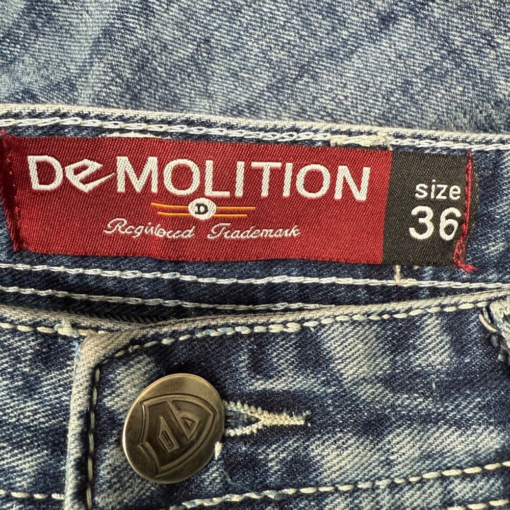 Demolition Jeans Mens Size 36 Blue Denim Straight Fit Embroidered Pockets - Picture 3 of 10